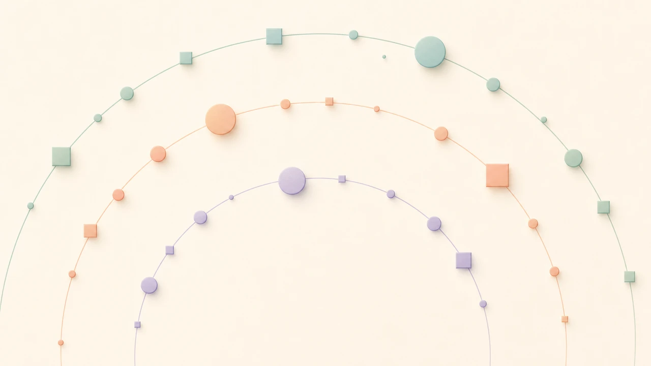 Three concentric arcs representing coding, reasoning, and cost dimensions with scattered geometric model markers on a soft cream background