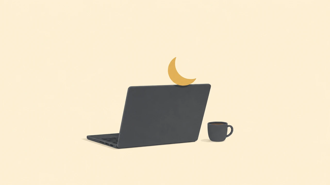 Minimalist illustration of a crescent moon resting on top of an open laptop, signaling Claude interrupting a coding session with a bedtime reminder