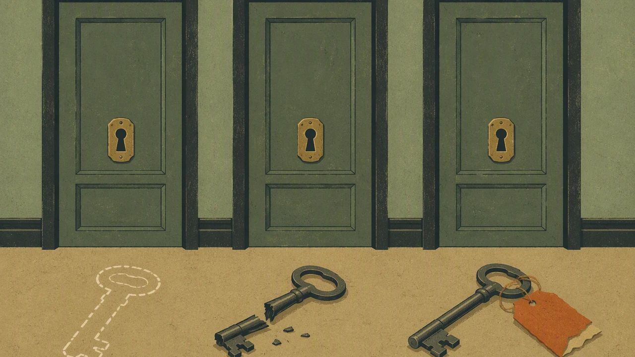 Three identical closed doors above three keys on the floor: one key missing and only chalk-outlined, one snapped in half, one intact but snagged on a torn paper tag