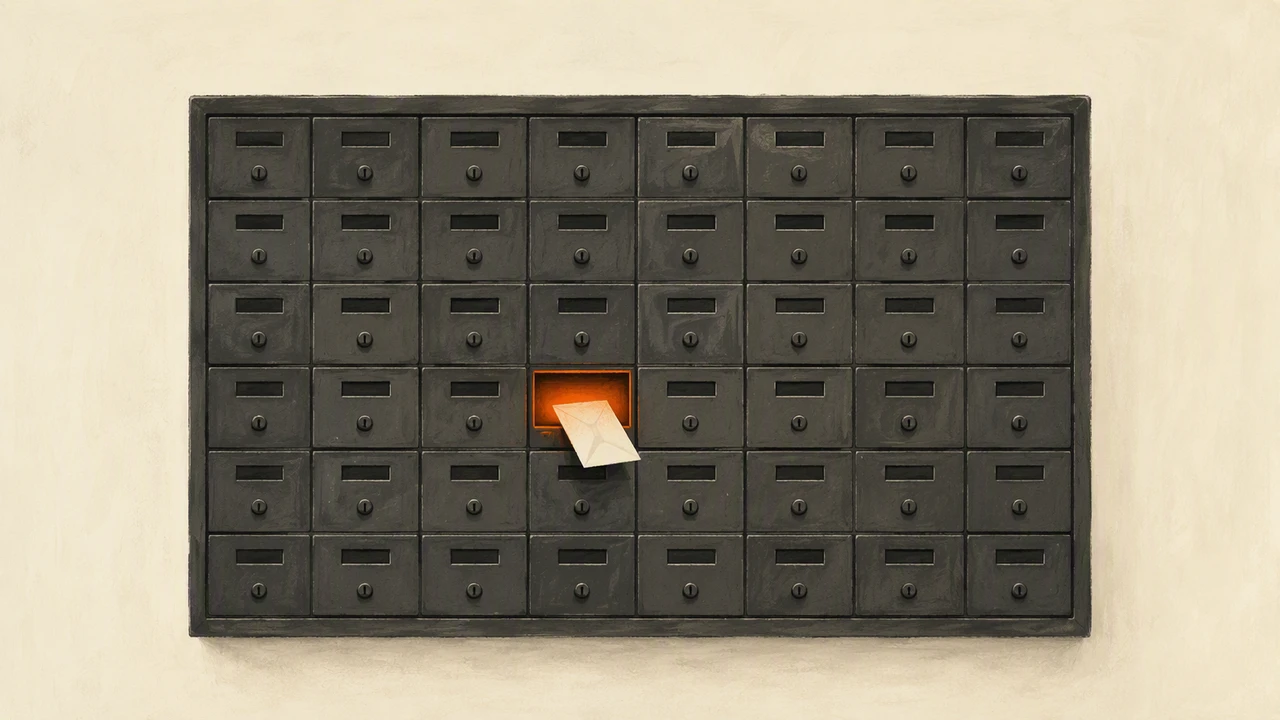 A wall of small charcoal mail slots, one slot lit orange with a single envelope sliding into it, abstract representation of routing an error message to its drawer
