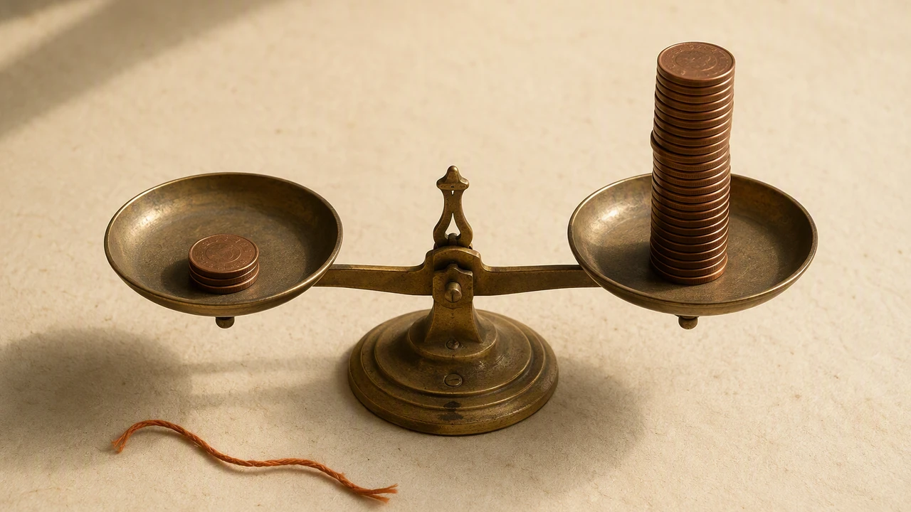 A brass balance scale resting perfectly level, three copper coins in the left pan and a tall stack of many more coins in the right pan