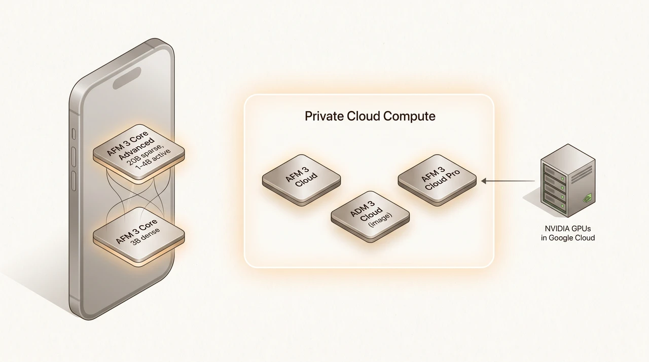 Isometric illustration of Apple's five AFM 3 foundation models: two on-device tiers inside an iPhone (AFM 3 Core 3B dense, AFM 3 Core Advanced 20B sparse), three Private Cloud Compute tiles (AFM 3 Cloud, ADM 3 Cloud image, AFM 3 Cloud Pro), with a server rack labelled NVIDIA GPUs in Google Cloud connecting back to Cloud Pro.