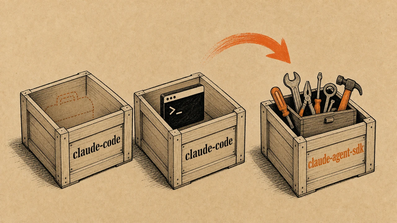 同じ claude-code ラベルが押された 2 つの輸送用クレート。一方には CLI ツールが入り、もう一方は SDK がかつてあった場所が空になっており、パッケージ名の衝突を描いている。