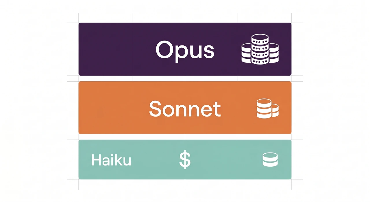 Flat illustration of stacked pricing tiers with Claude model names and token cost labels