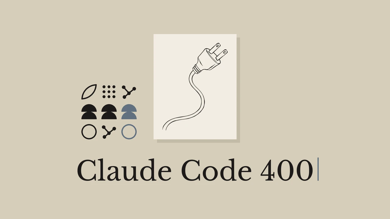 A plug drawn in black ink on a pale card, a sand background and the title Claude Code 400.