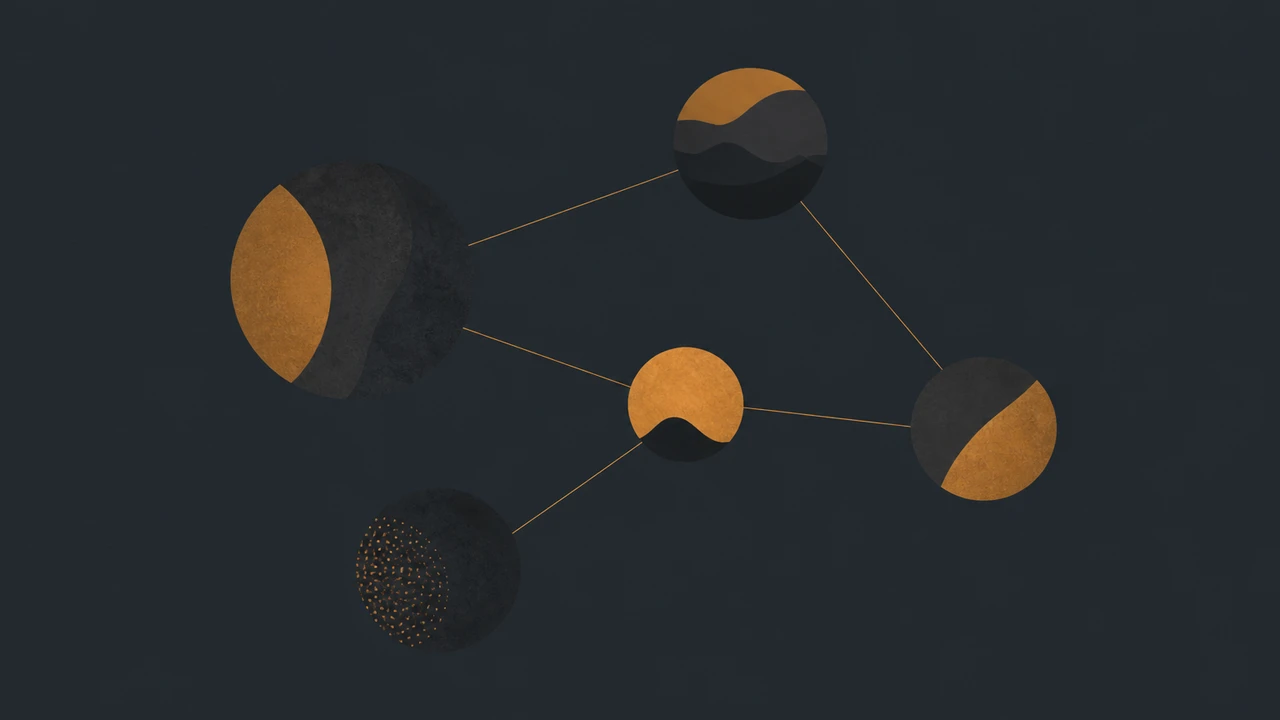 Abstract geometric diagram showing five interconnected nodes representing prompt cache, context compaction, model routing, subagents, and tool definitions, on a muted slate background with orange accents