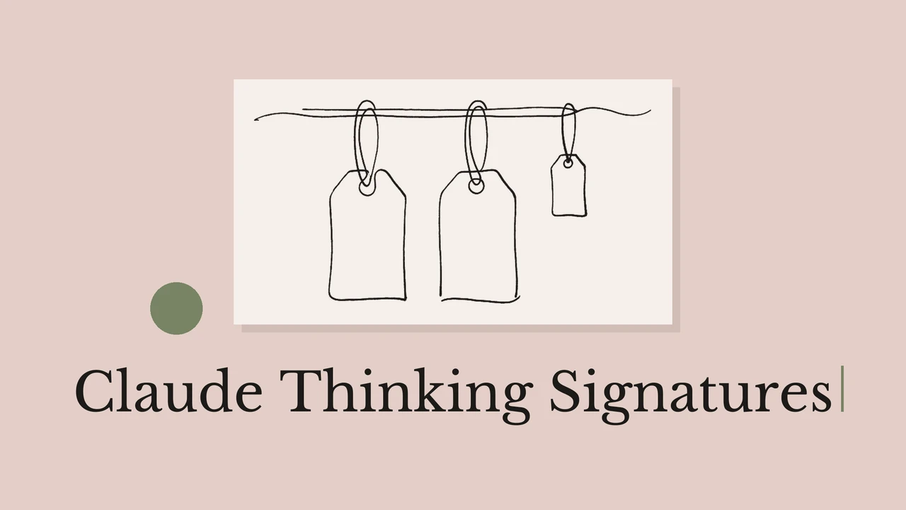 Muted pink cover with a light paper panel, a line drawing of three hanging blank tags, geometric accents and the title Claude Thinking Signatures.