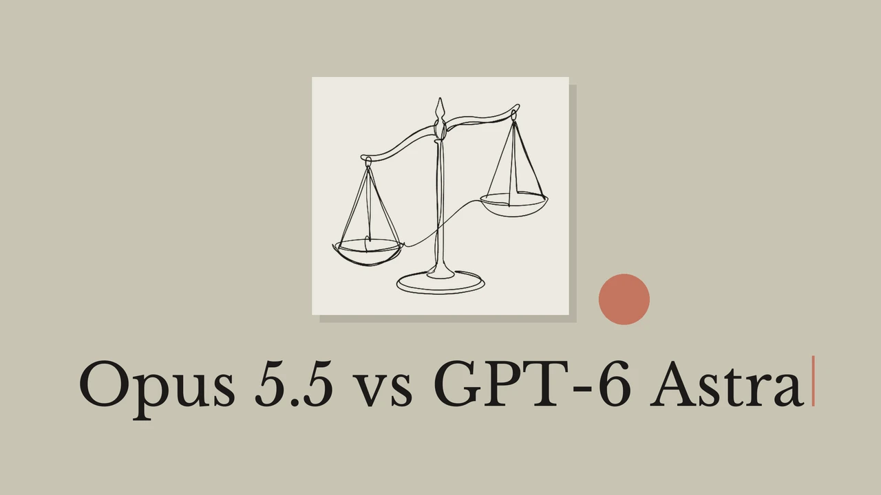 올리브 회색 배경과 밝은 카드 위의 검은 저울 선화, 원형 장식, Opus 5.5 vs GPT-6 Astra 제목.