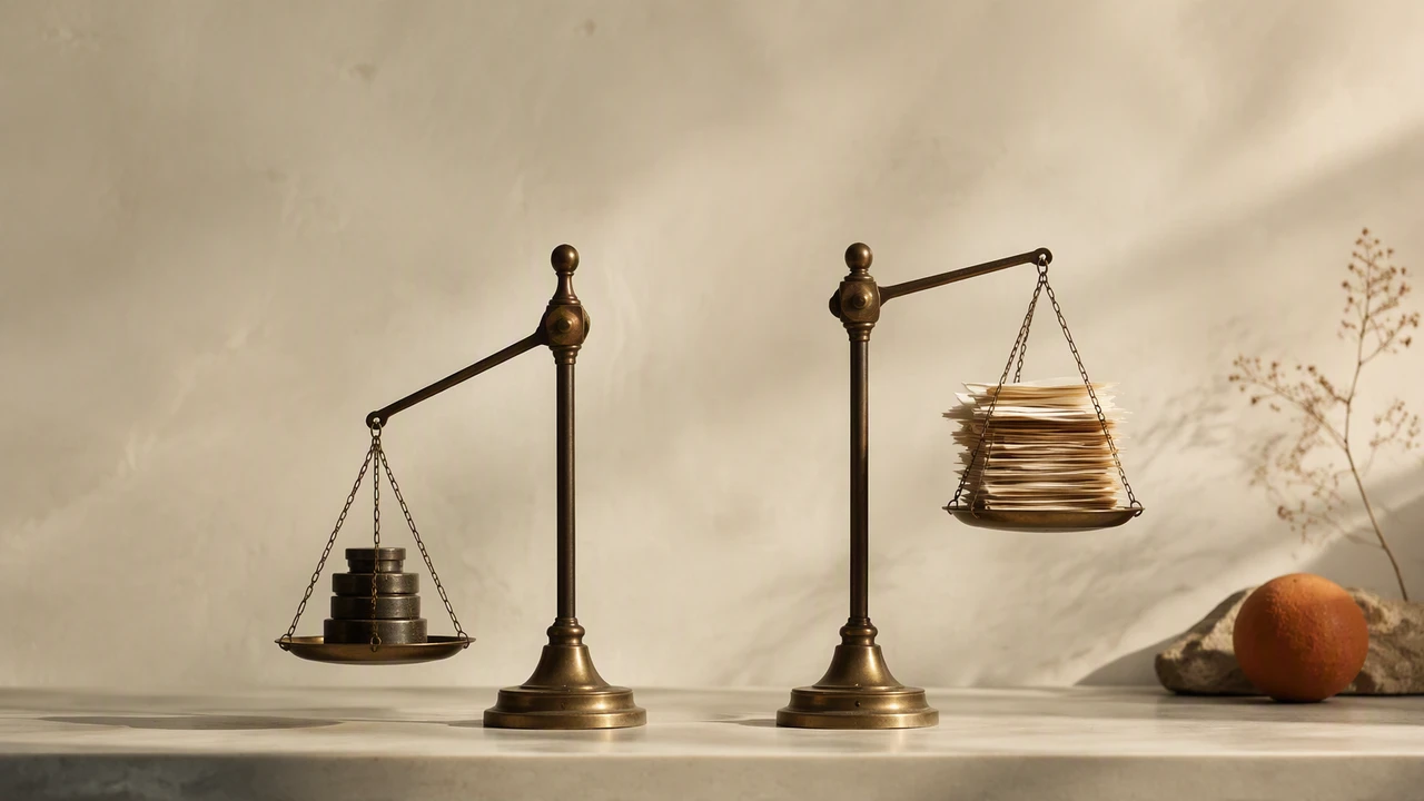 Two brass kitchen scales side by side in warm low light, the left one holding a small stack of coins and weighed down, the right one holding a much larger stack of paper but sitting higher