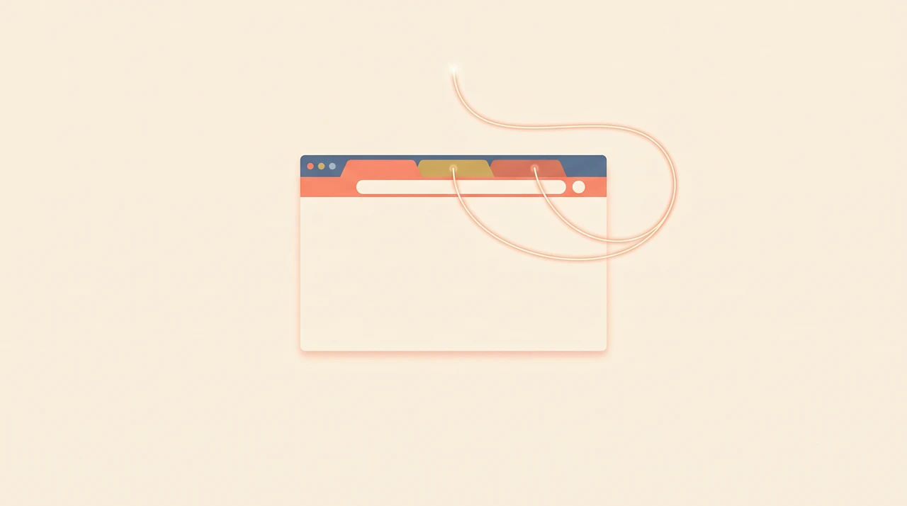 Flat illustration of a browser window with three tabs threaded together by a single control line, showing parallel agent work without taking over the foreground tab.
