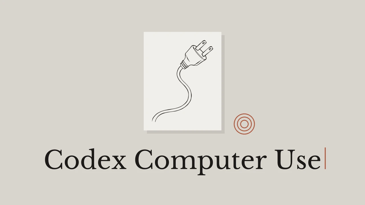 Black ink drawing of a disconnected plug on a pale card, with geometric accents and the title Codex Computer Use.