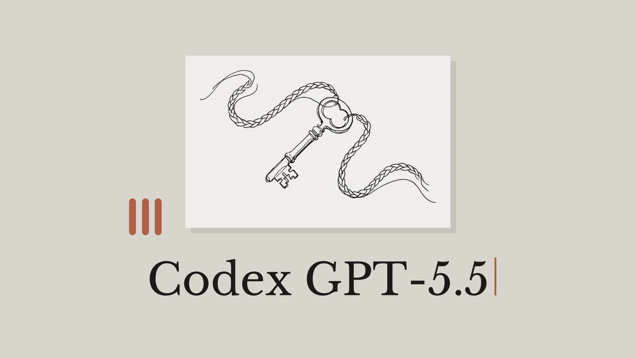 따뜻한 회색 배경과 밝은 종이 위에 놓인 열쇠와 두 개의 끈, Codex GPT-5.5 제목.