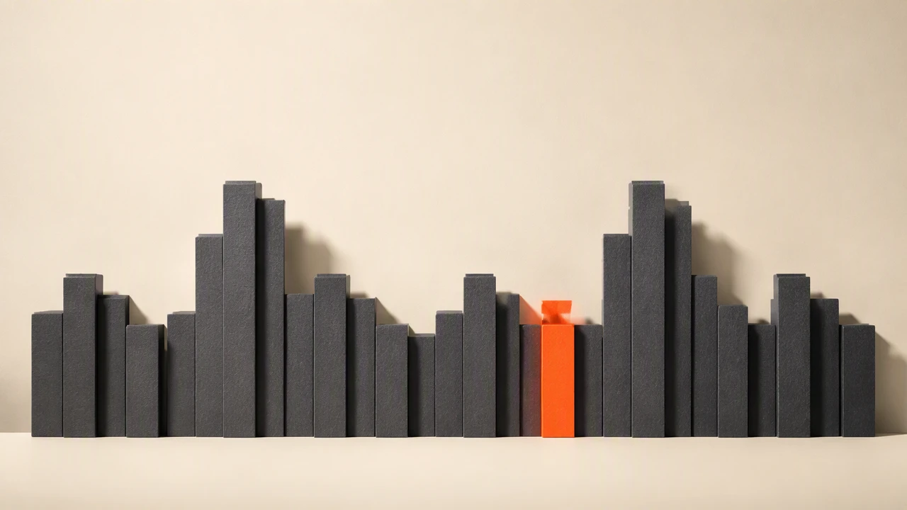 Paper-craft diorama on a warm cream background: a long row of charcoal grey vertical bars at alternating heights forming two tall clusters with a low valley between them, and one vivid orange bar standing in the valley