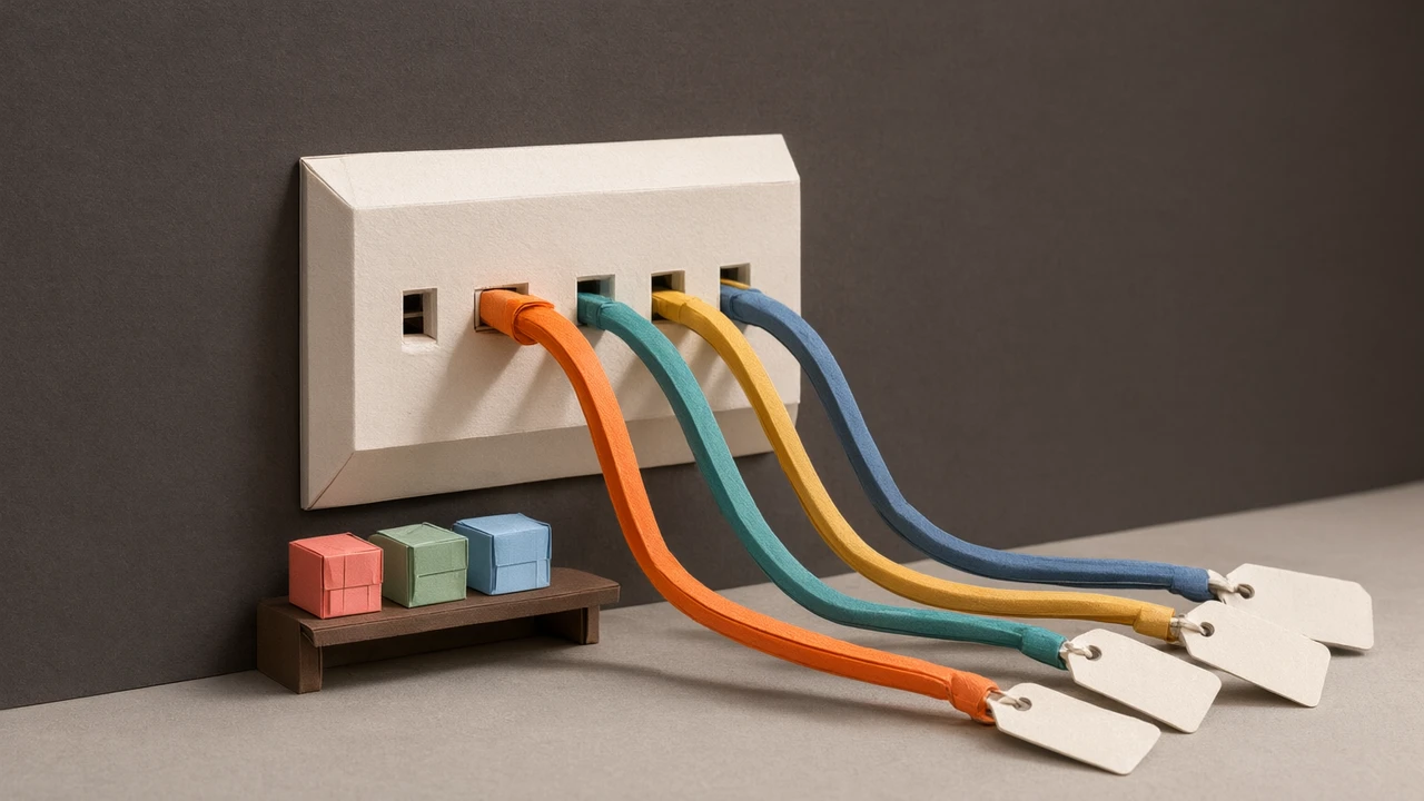 Paper-craft diorama on a charcoal wall: a folded-paper socket panel with five ports, four coloured paper cables plugged in and curving off frame to blank paper tags, an orange cable in front, and three small paper module boxes on a shelf below