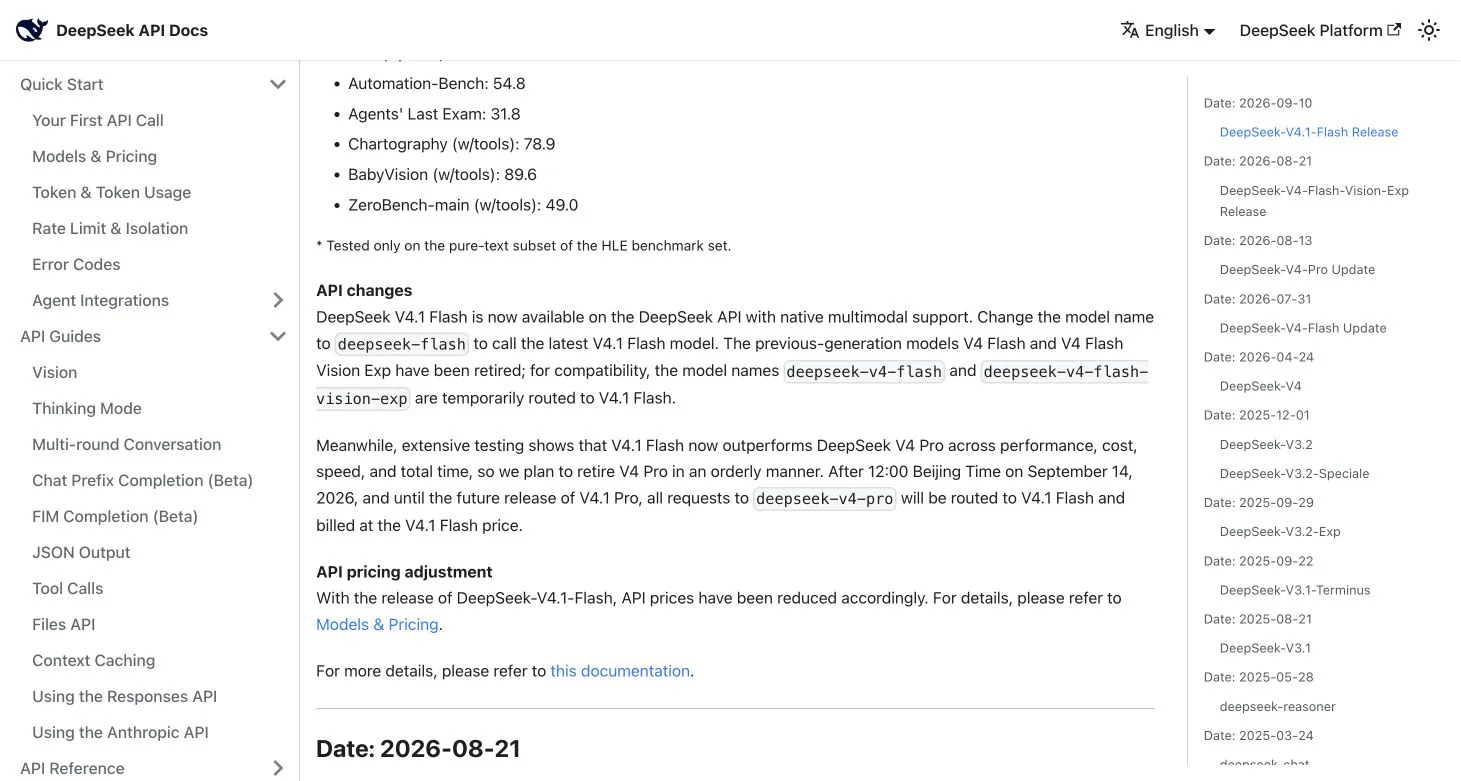 DeepSeek change log showing the deepseek-flash model name, legacy aliases and the September 14 migration from V4 Pro to V4.1 Flash.