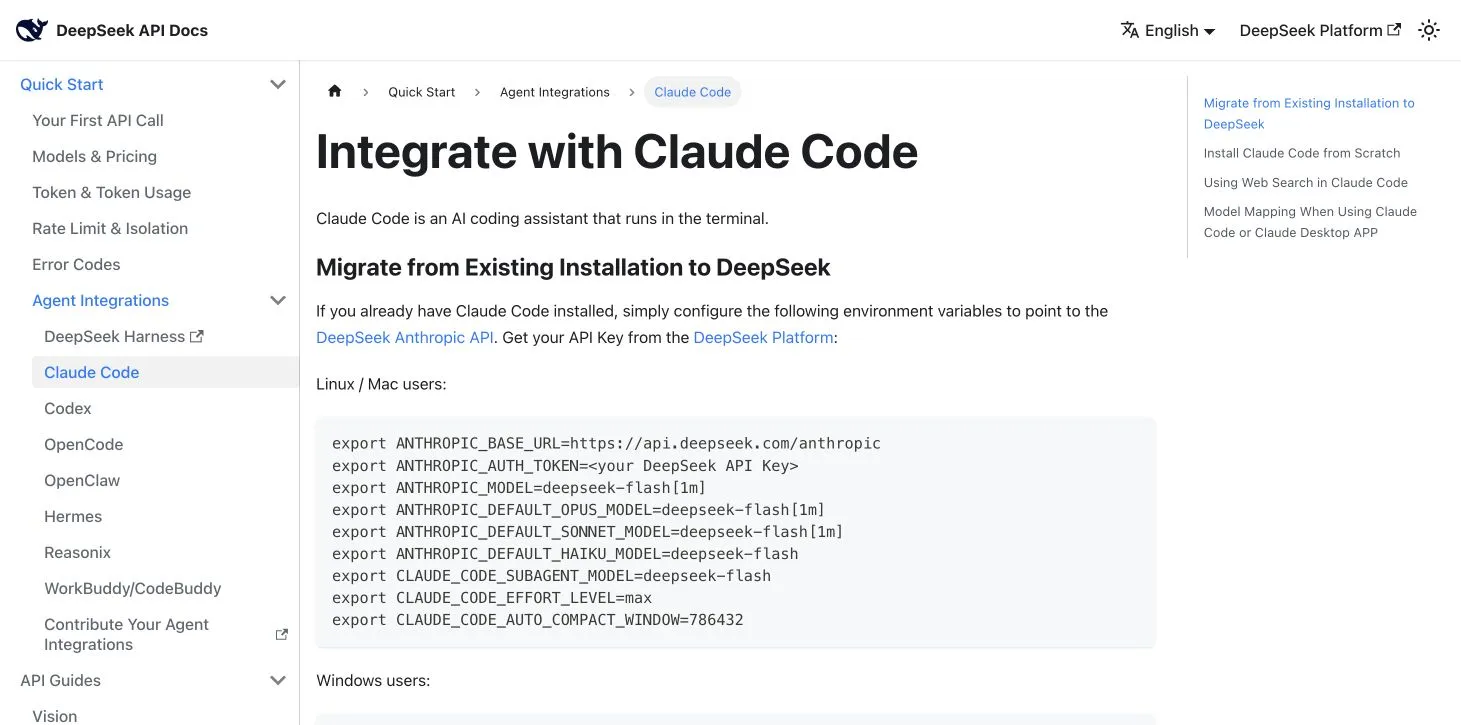 DeepSeek official Claude Code integration page showing the Anthropic base URL and environment variables for V4.1 Flash.