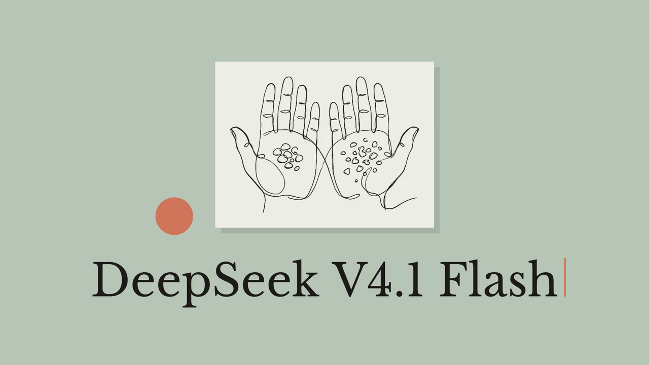 Sage green cover with a light paper panel, a line drawing of two open hands holding small stones, geometric accents and the title DeepSeek V4.1 Flash.