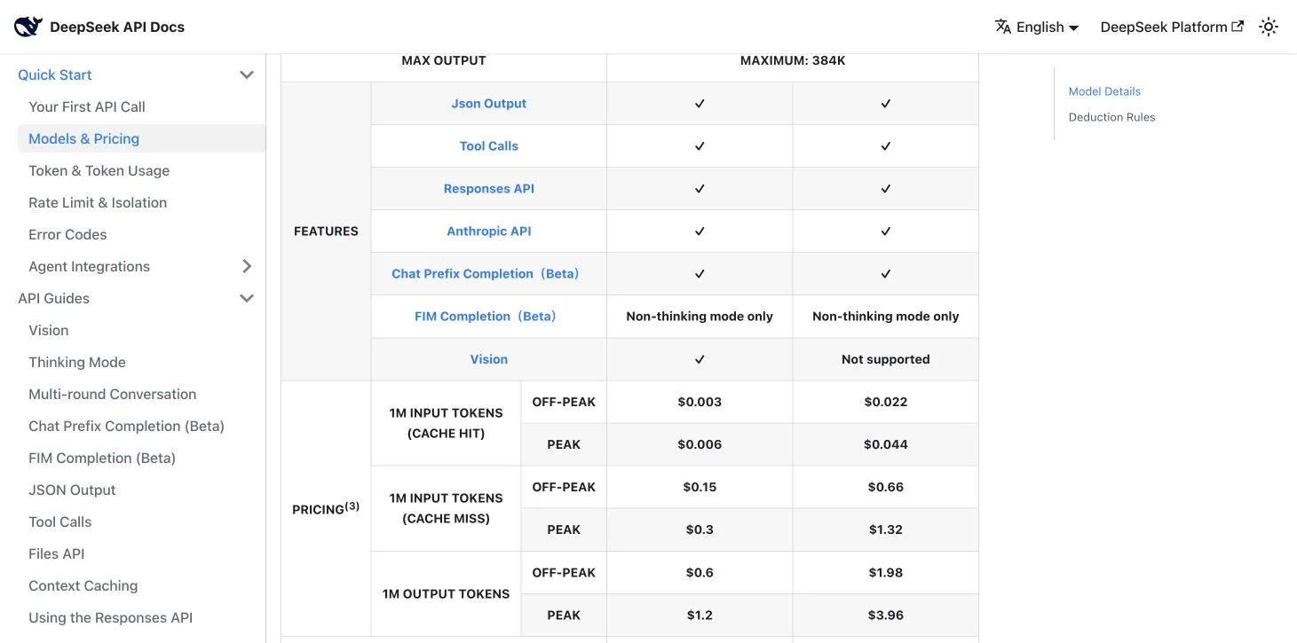 DeepSeek official pricing table showing V4.1 Flash peak and off-peak input, cache-hit and output token rates.
