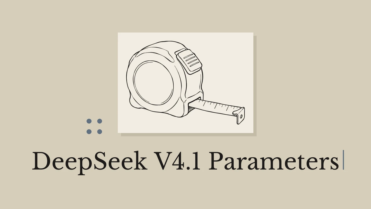 Sand cover with a light paper panel, a line drawing of a measuring tape, geometric accents and the title DeepSeek V4.1 Parameters.