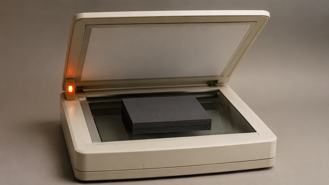 Macro photograph of a warm off-white desk scanner with a hinged glass lid raised, a small orange indicator lamp lit beside the hinge, and a stack of blank charcoal cards squared up on the platen