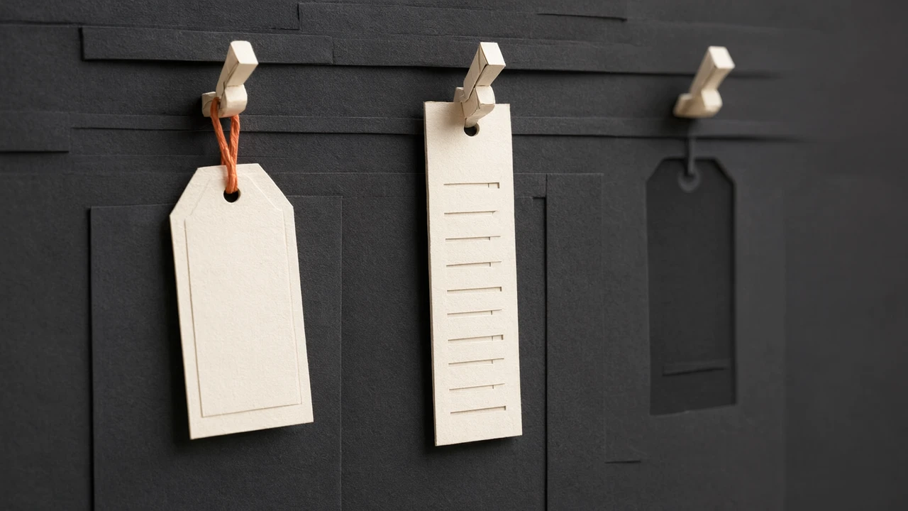 Paper-craft diorama on a charcoal wall: a blank price tag on an orange cord, a taller notched scorecard strip beside it, and a third hook holding nothing but the cut-out silhouette where a tag should hang