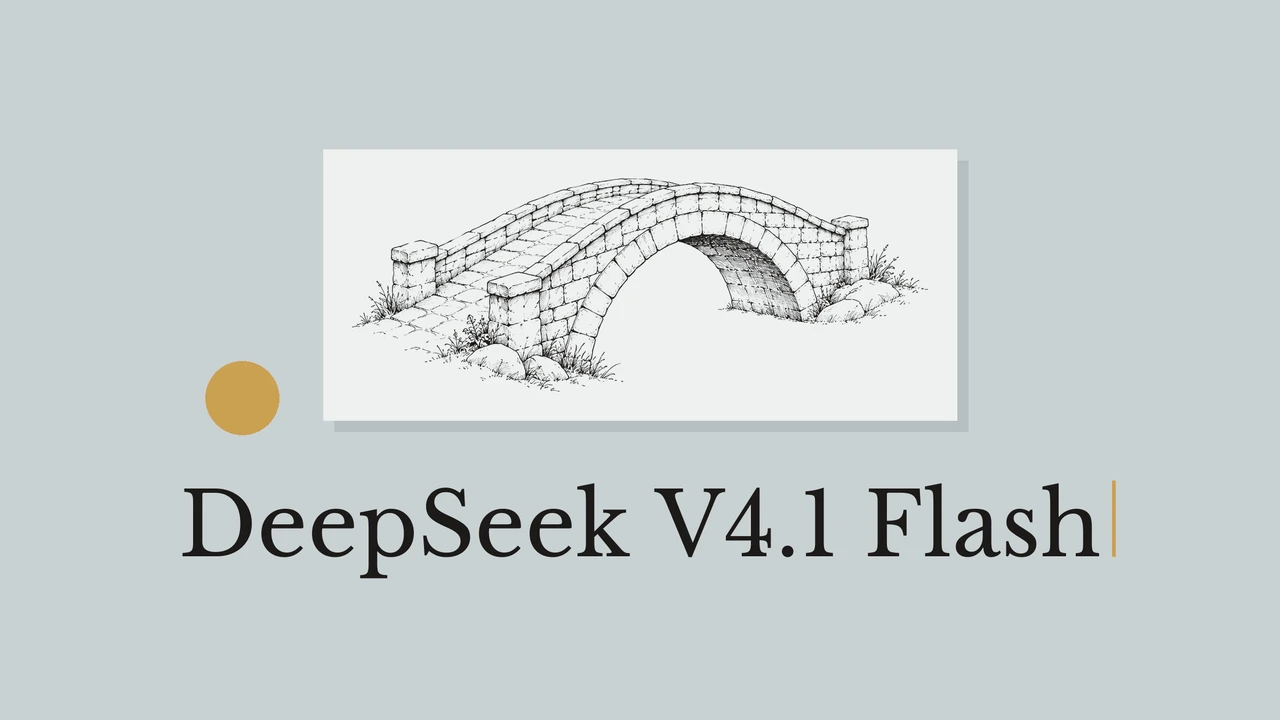 A bridge drawn in black ink on pale card, a muted background and the title DeepSeek V4.1 Flash.