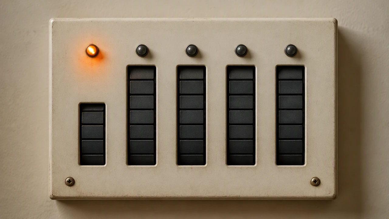 Macro photograph of a warm off-white wall panel holding five vertical slots of stacked charcoal tiles, the leftmost stack noticeably shorter than the other four, with a single small orange lamp glowing above it where the other slots carry dark round buttons