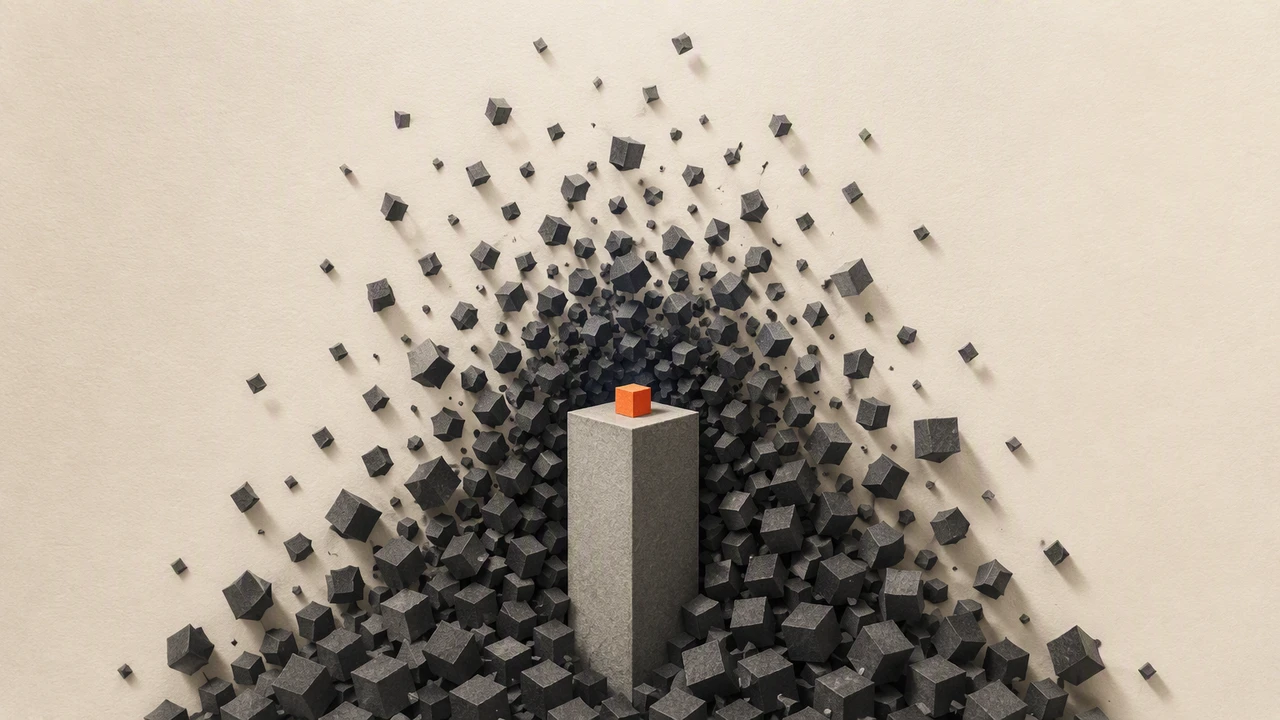 Paper-craft diorama on a warm cream background: a swarm of small charcoal grey cubes rising around a single tall column that stops with a flat blunt top well below them, one vivid orange cube resting motionless on the summit, a visual metaphor for the DeepSeek Harness community outgrowing the pace of the dsh codebase