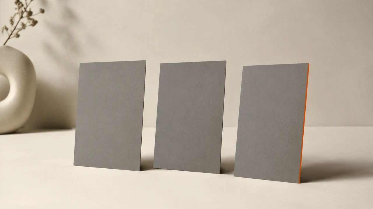 Three blank vertical grey cards standing in a row on a warm off-white desk like a filmstrip, the last card edged in orange