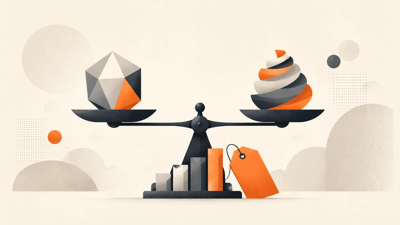 A level two-pan balance holding a faceted polyhedron on one side and a layered spiral form on the other, above a small bar cluster and an orange price tag, comparing two flagship models on benchmarks and price