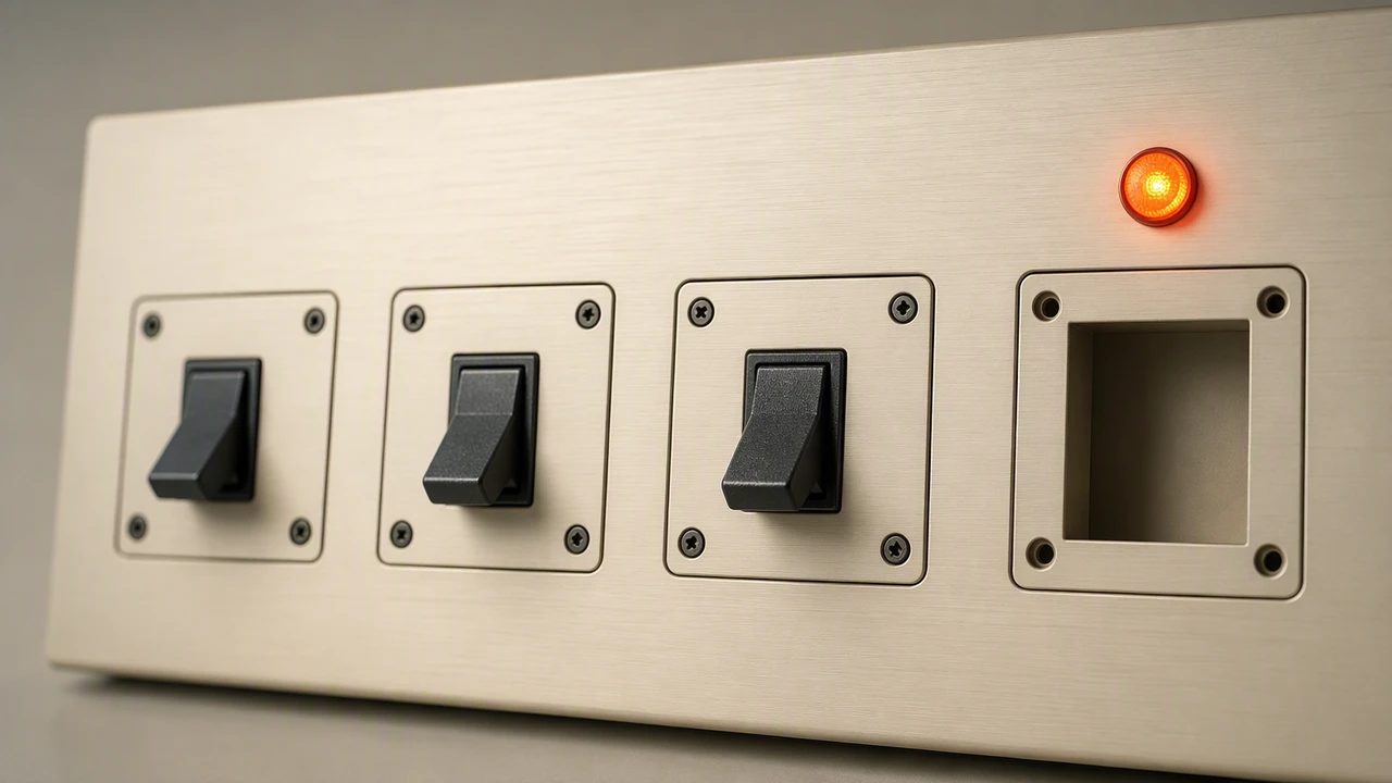 Macro photograph of a warm off-white instrument panel with four square switch sockets in a row, three fitted with charcoal toggle switches and the fourth empty down to bare screw holes, a small orange indicator lamp glowing above the empty socket