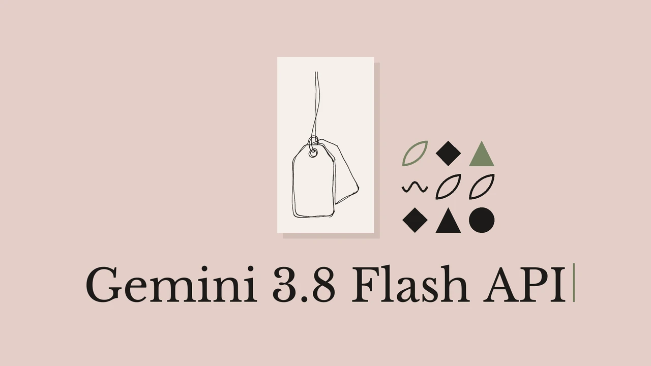 Single-line ink drawing of a price tag with a second tag half hidden behind it on a pale paper card over a dusty pink background, a small grid of black and olive geometric glyphs beside it, and the serif title Gemini 3.8 Flash API beneath
