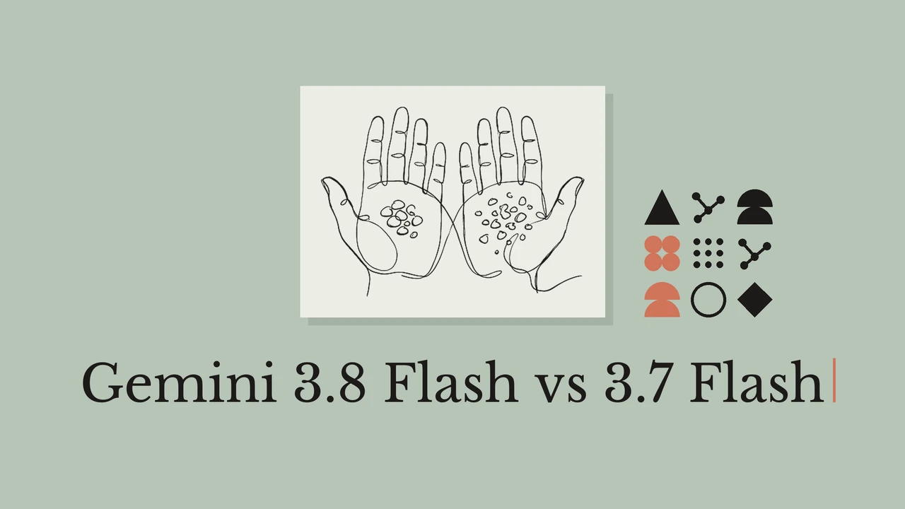 Single-line ink drawing of two open hands holding pebbles on a pale paper card over a sage green background, a small grid of black and terracotta geometric glyphs beside it, and the serif title Gemini 3.8 Flash vs 3.7 Flash beneath