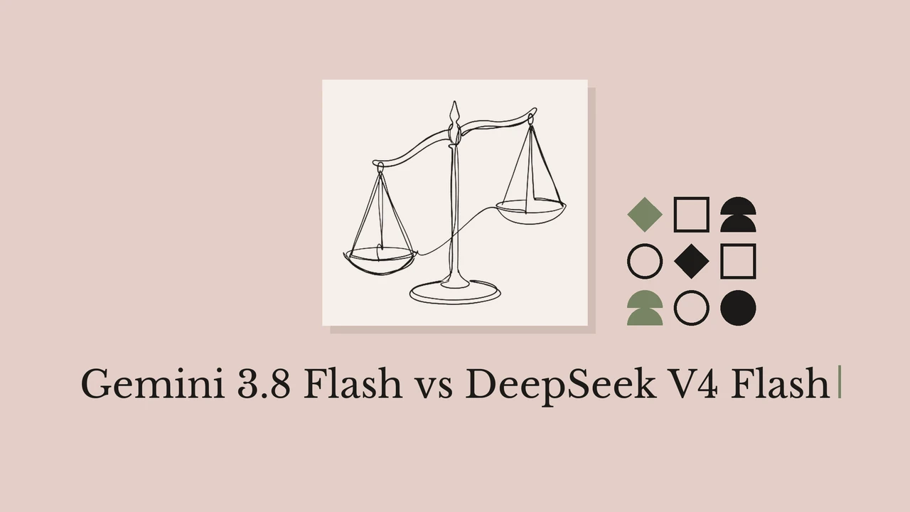 Single-line ink drawing of a two-pan balance scale on a pale paper card over a dusty pink background, a small grid of black and olive geometric glyphs beside it, and the serif title Gemini 3.8 Flash vs DeepSeek V4 Flash beneath