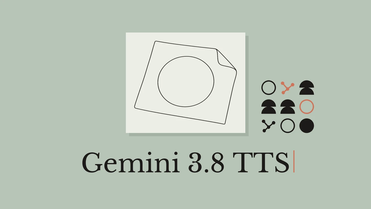 A stencil sheet drawn in black ink on a pale card, a sage background and the title Gemini 3.8 TTS.