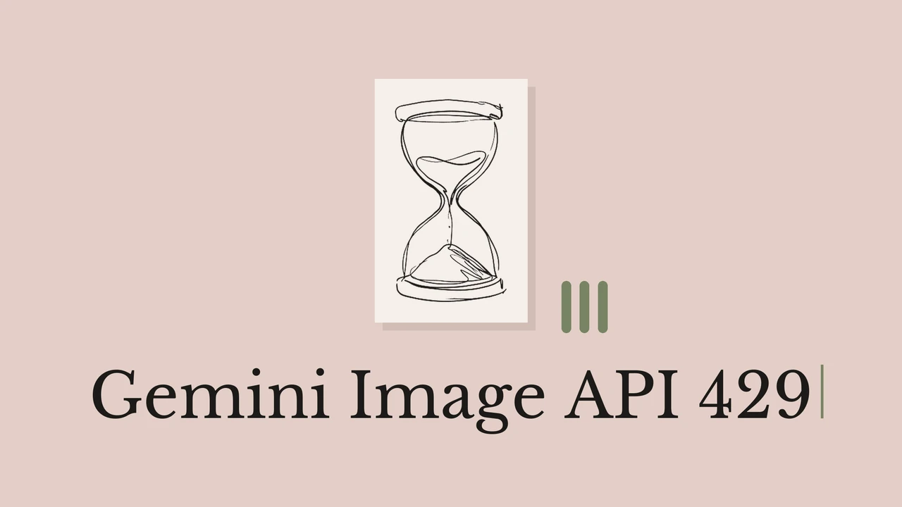 An hourglass drawn in black ink on pale paper, with a dusty pink background and the title Gemini Image API 429.