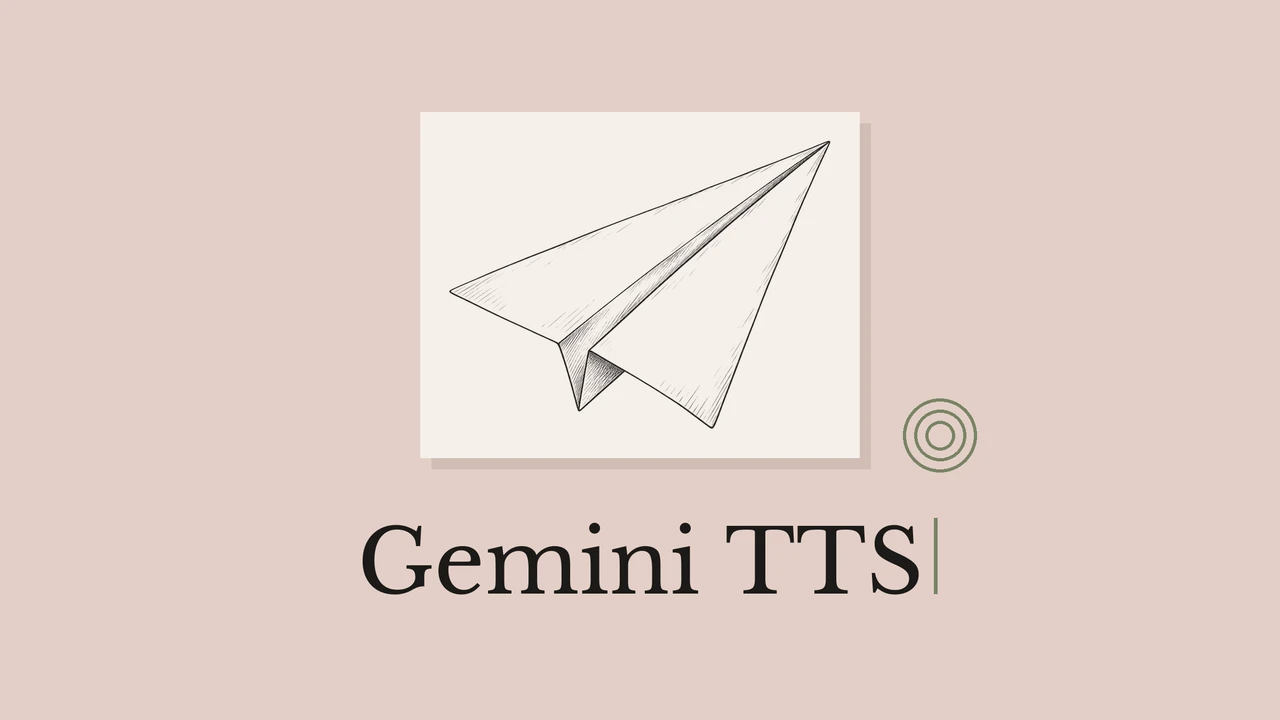 Black ink paper airplane and concentric rings on a muted pink background, titled Gemini TTS.