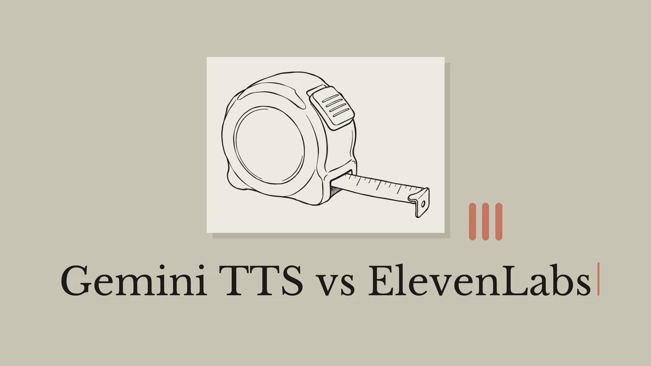 オリーブグレーの背景に巻尺の線画。コーラル色の縦線とGemini TTS vs ElevenLabsの文字。