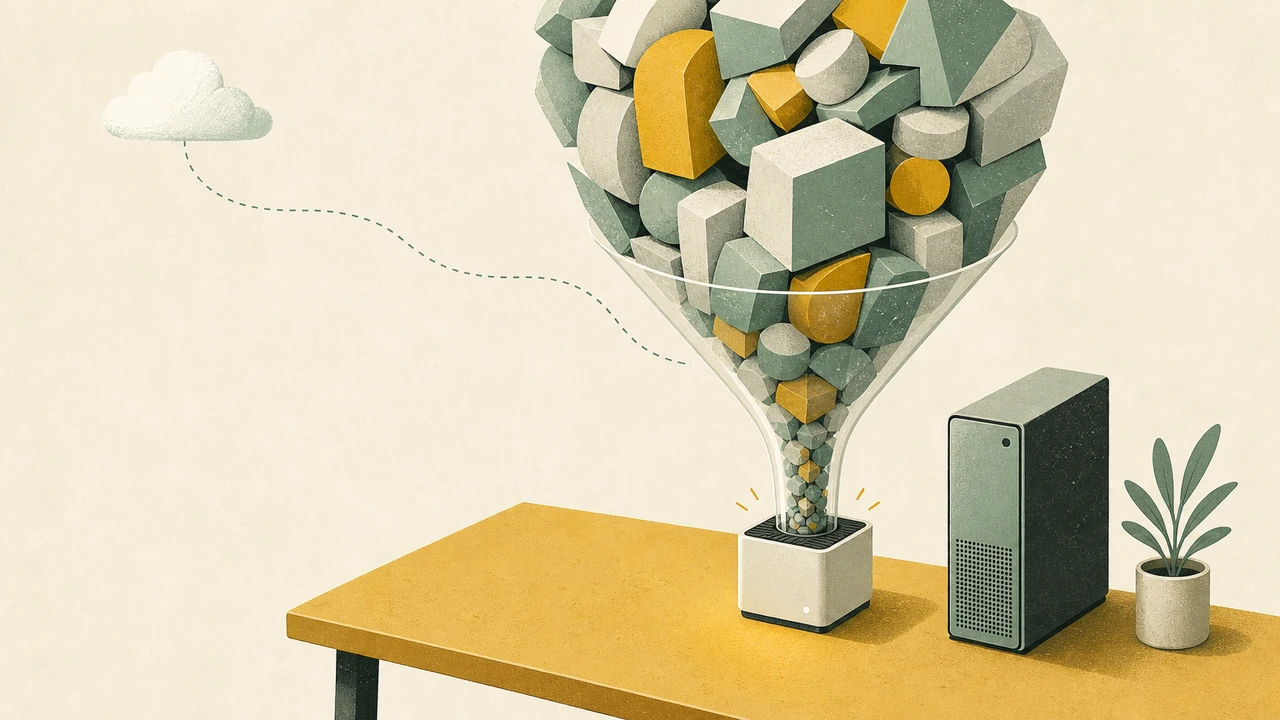 Overhead editorial illustration of a tidy desk holding one small compact computer cube and a slim tower, with a large translucent mass of abstract geometric weight-blocks funneling downward to fit inside the small cube; muted mint-green and mustard on cream paper, conveying a huge model compressed onto a single desk