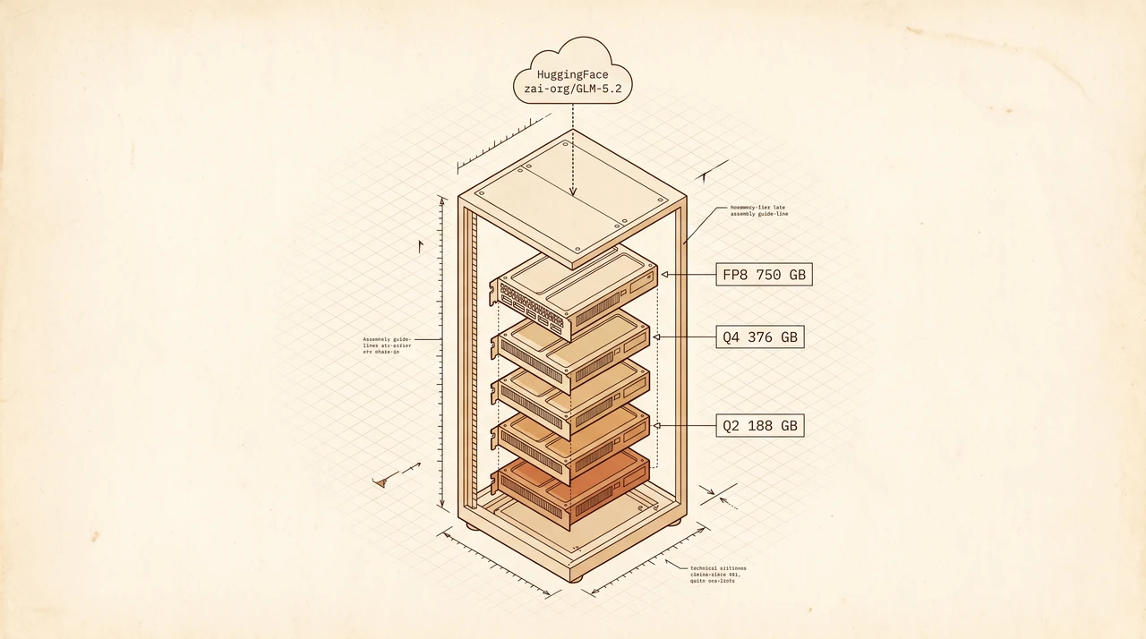 Isometric exploded view of a single rack chassis with eight stacked GPU bricks labeled FP8 750 GB, Q4 376 GB, and Q2 188 GB; a dotted blueprint line draws weights from a HuggingFace zai-org/GLM-5.2 cloud icon down into the rack — warm cream and sepia technical-blueprint aesthetic