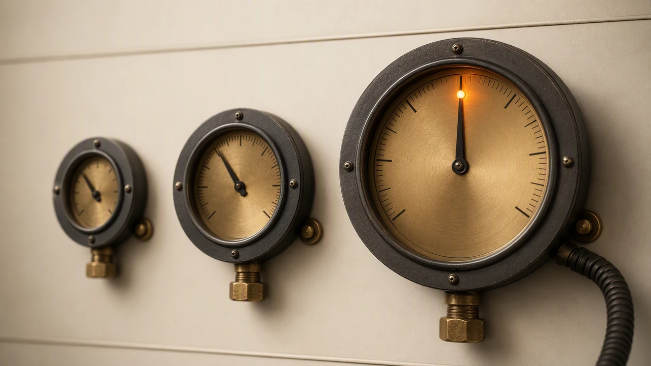 Three round pressure gauges of increasing size on a warm off-white panel, charcoal bezels over brass faces, the largest lit by a small orange lamp with its needle at the top of the scale and a coiled cable running out of frame