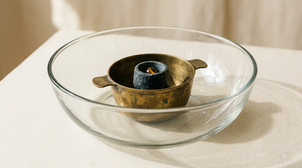 Three nested measuring vessels of very different sizes on a warm off-white surface: a large glass basin holding a medium brass cup holding a small slate thimble
