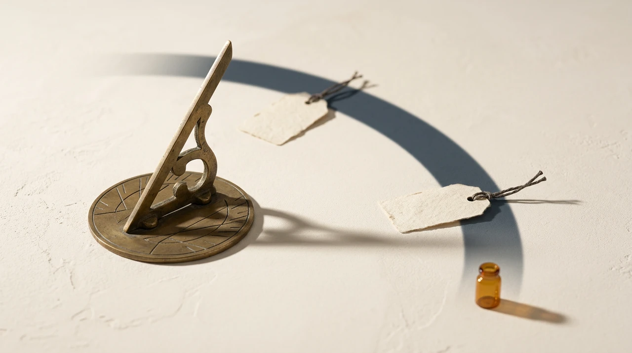 A brass sundial casting a long shadow, with two identical price tags lying at different points along the shadow's arc