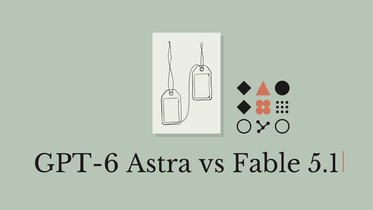 Single-line ink drawing of two identical price tags hanging at different heights on a pale paper card over a sage green background, a small grid of black and terracotta geometric glyphs beside it, and the serif title GPT-6 Astra vs Fable 5.1 beneath