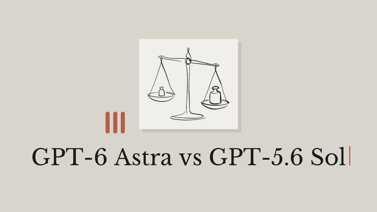 Single-line ink drawing of a small weight and a weight twice its size on a two-pan scale on a pale paper card over a warm grey background, a small grid of black and rust geometric glyphs beside it, and the serif title GPT-6 Astra vs GPT-5.6 Sol beneath