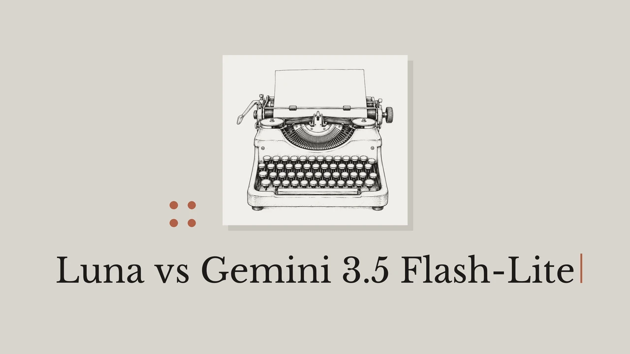 暖灰背景上，浅色卡纸承托黑色打字机线稿，旁有圆点，标题为 Luna vs Gemini 3.5 Flash-Lite。