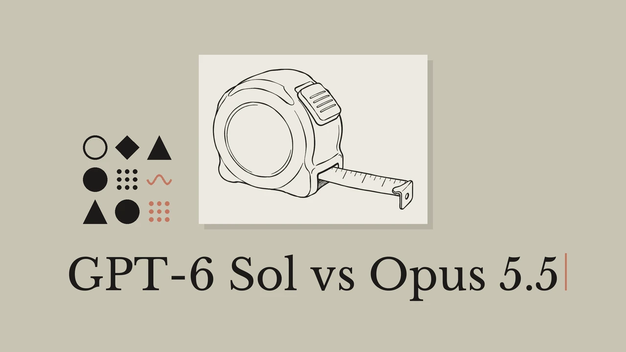 Black line drawing of a measuring tape on pale card, muted background, geometric accents and the title GPT-6 Sol vs Opus 5.5.