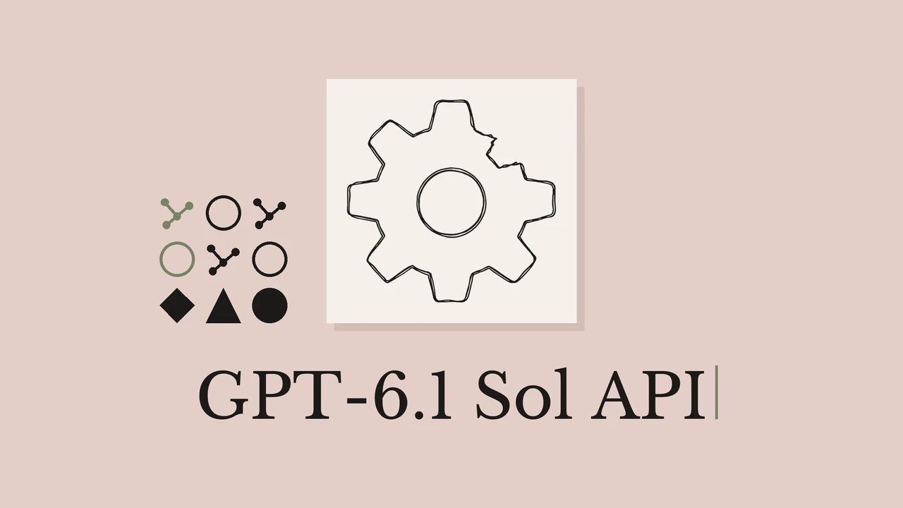 Line drawing of a gear on a gray-pink background, titled GPT-6.1 Sol API.
