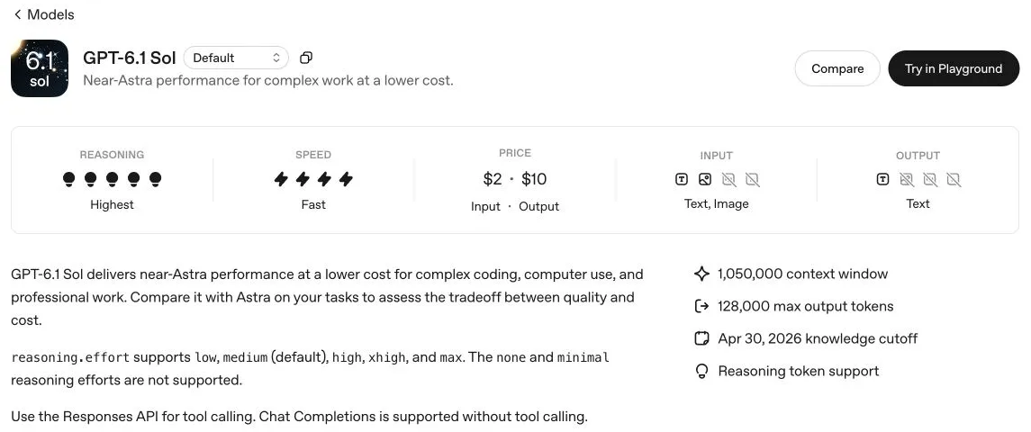 Official GPT-6.1 Sol model page showing reasoning options, Responses tool-calling requirement, and model limits.