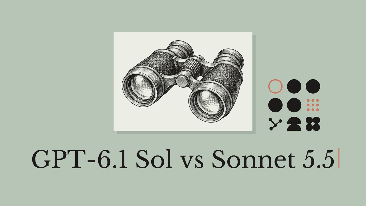 Line drawing of binoculars on a sage background, titled GPT-6.1 Sol vs Sonnet 5.5.